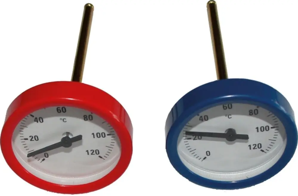 Zwei Thermometer von Wolf mit unterschiedlich farbigen (rot und blau) Gehäusen zur Temperaturmessung in einer Verrohrungsgruppe. Skala bis 120 °C.